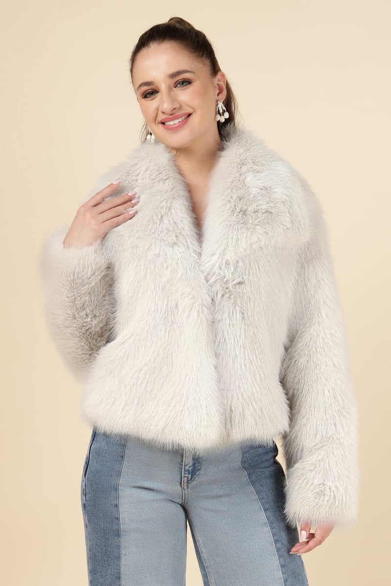 Beige Cropped Faux-Fur Jacket with Lapel Collar