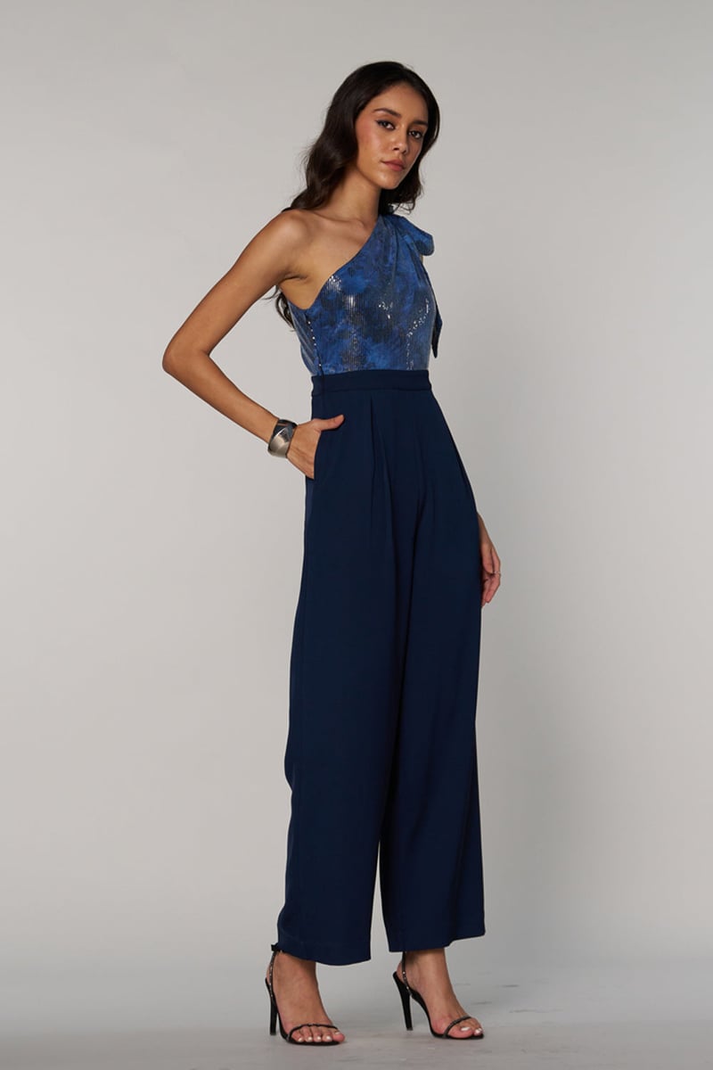 Blue One-Shoulder Sequin Wide-Leg Jumpsuit