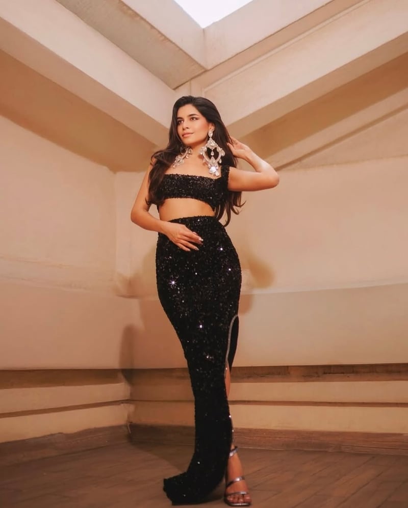 Black Sequin Maxi Pencil Skirt with Asymmetric Slit