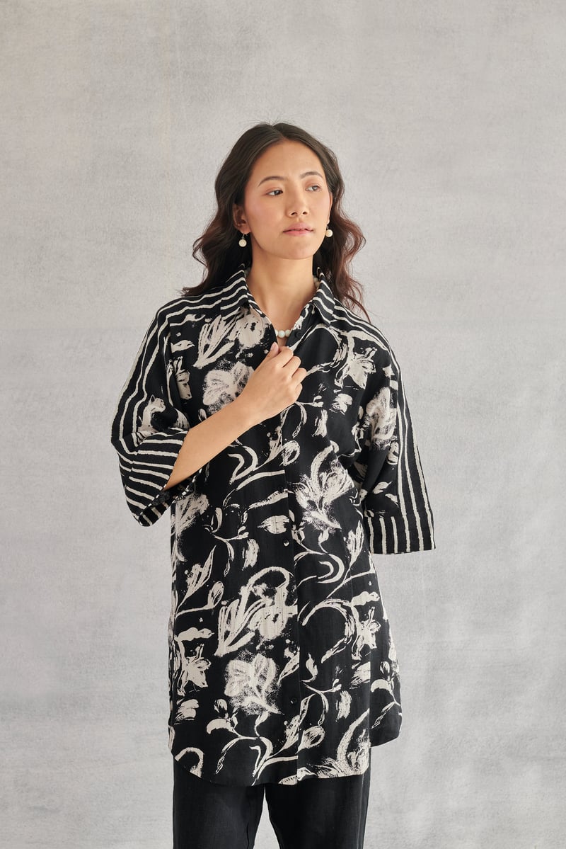 Black Longline Floral Printed Button-Down Shirt