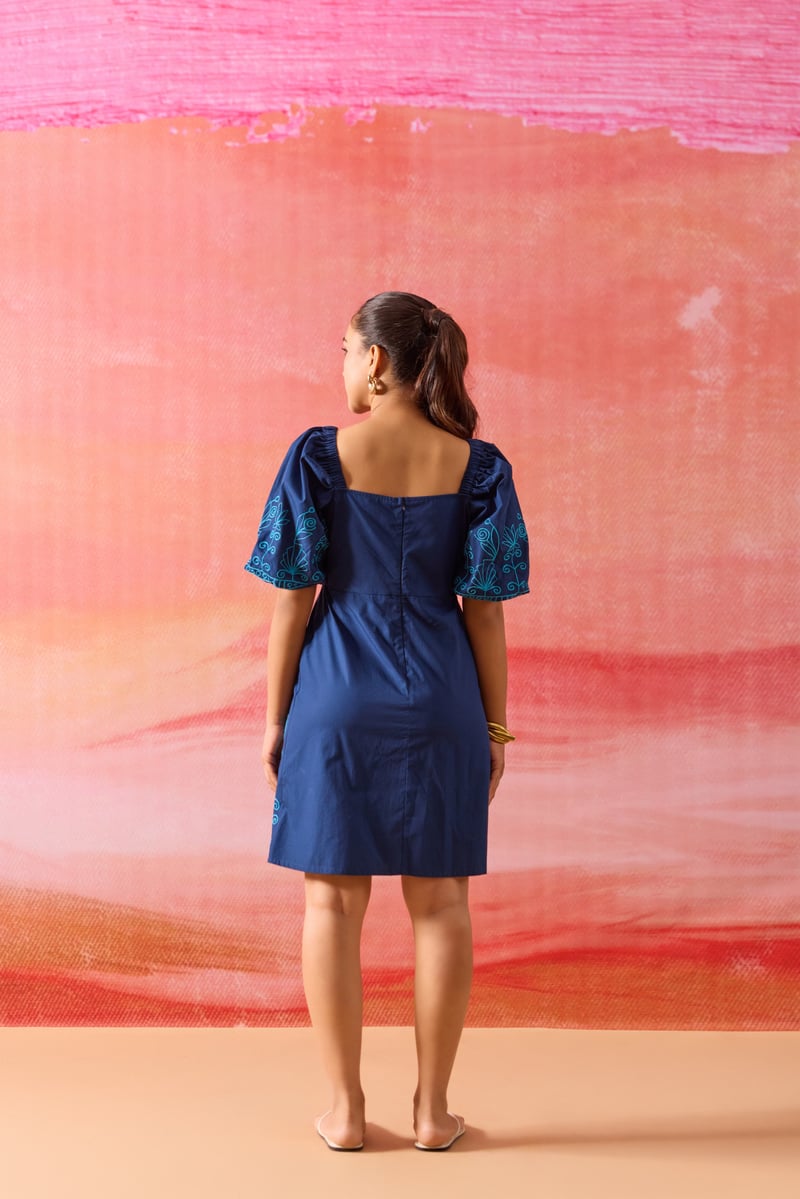 Blue Square Neck Aari Embroidered Poplin Mini Dress