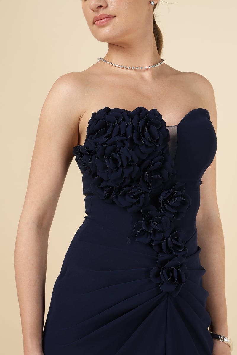 Blue Strapless Sweetheart Maxi Gown with Floral Applique