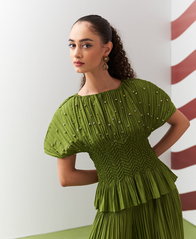Green Boat Neck Smocked Top and Pleated Culotte Co-ord Set