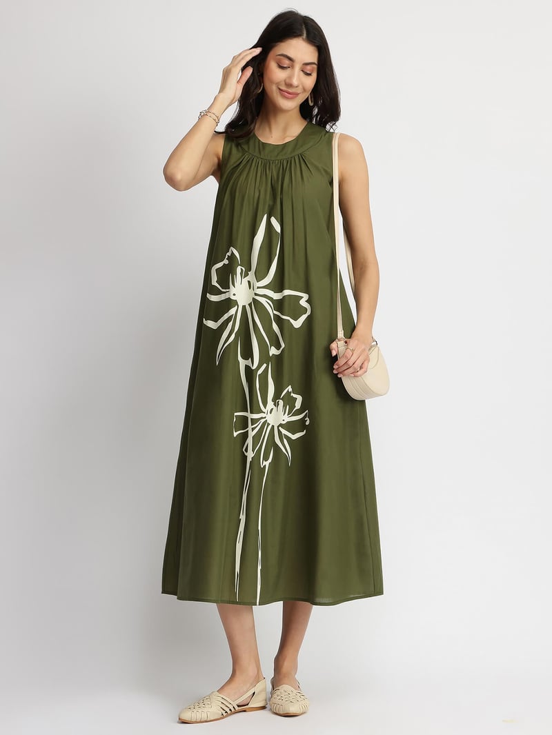 Olive Cotton Floral Placement Print A-Line Midi Dress