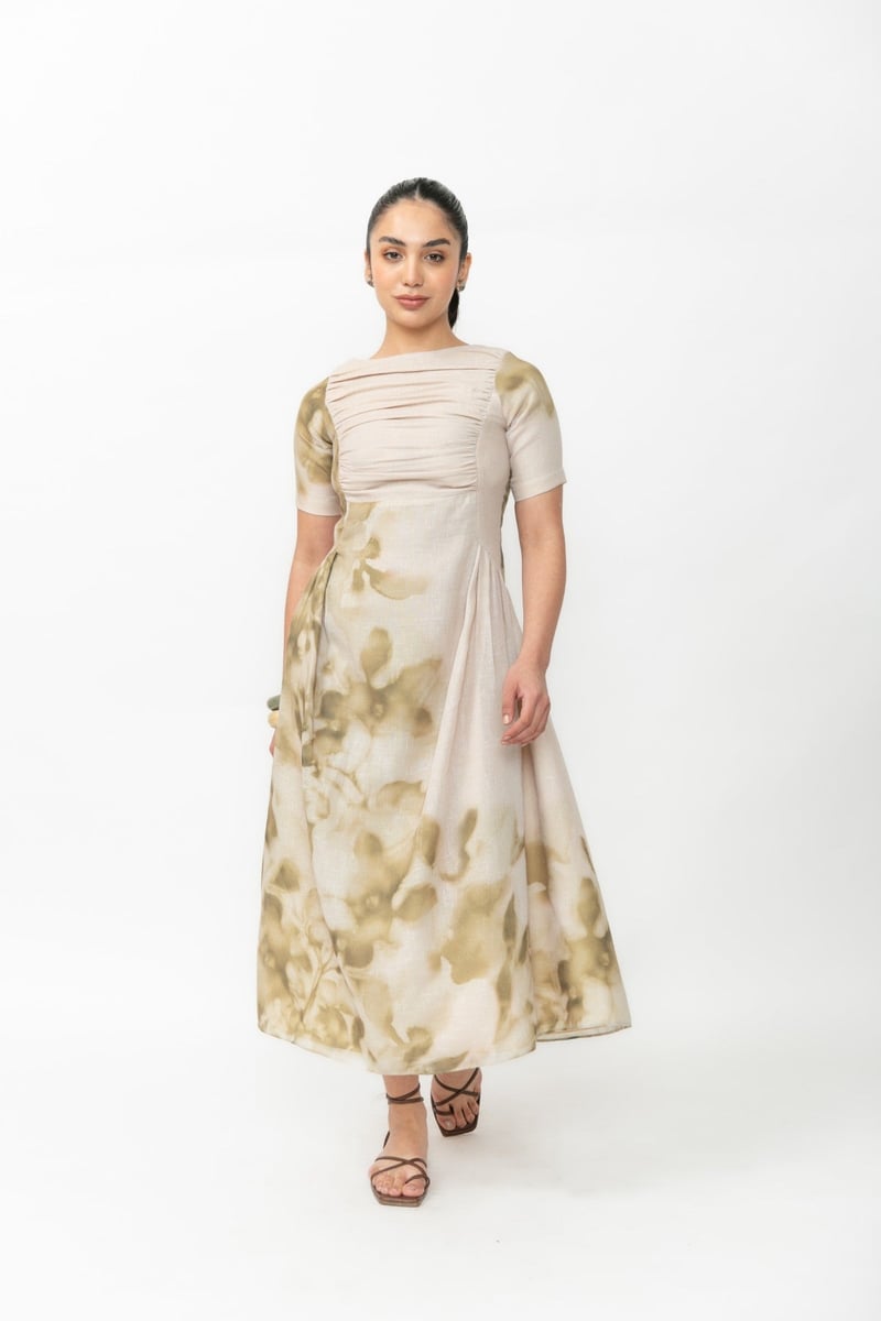 Beige Printed Linen Fit and Flare Midi Dress