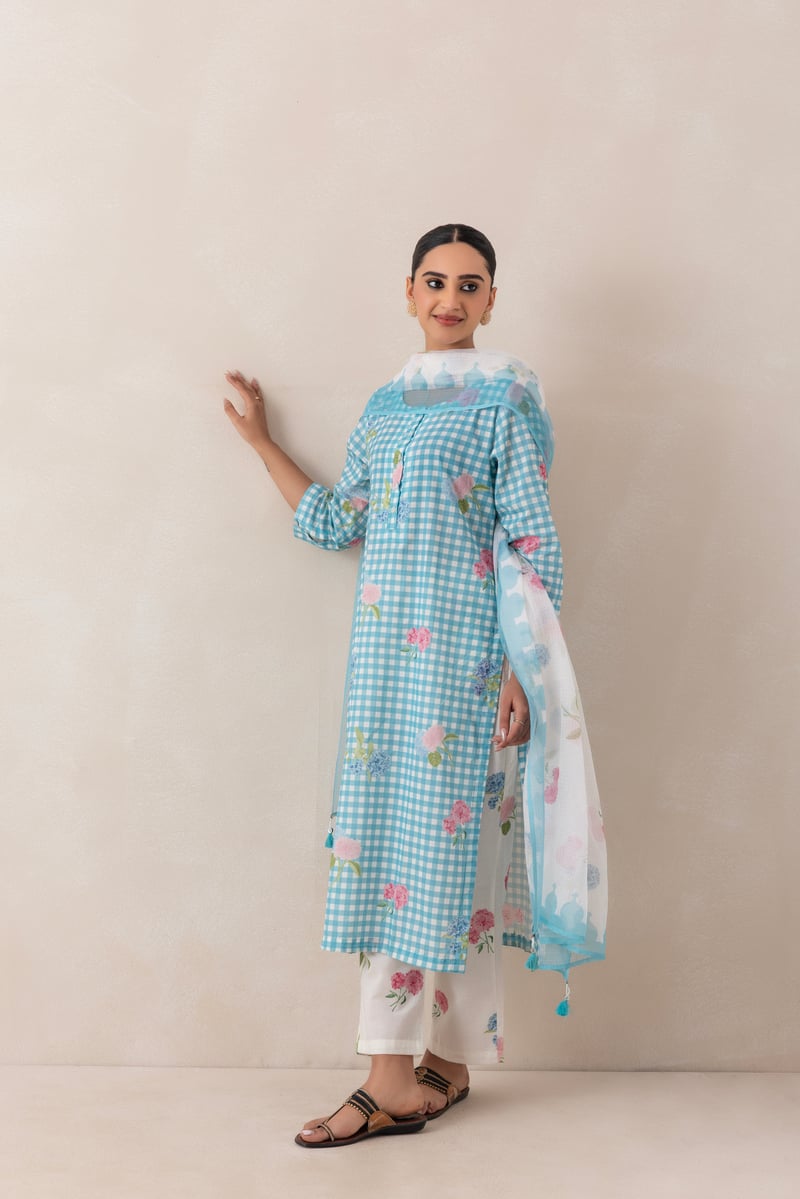 Pastel Turquoise Gingham Printed Cotton Kurta Set
