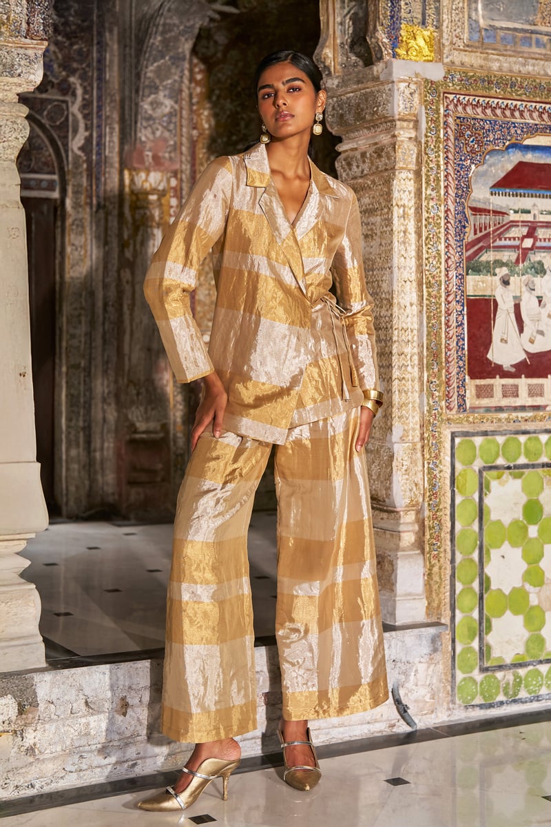 Champagne Gold Metallic Striped Wide-Leg Trousers