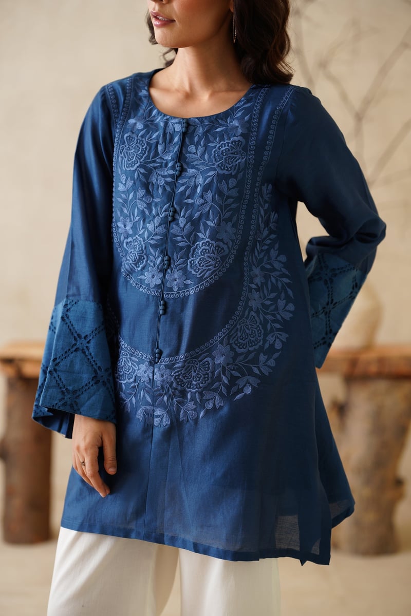 Blue Chanderi Embroidered Tunic and Cream Palazzo Co-ord Set