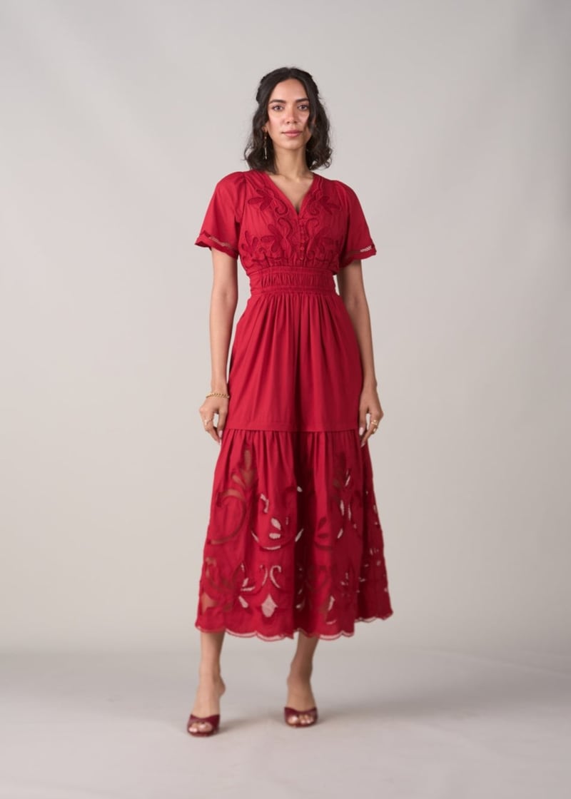 Red Cutwork Tiered Maxi Dress with Smocked Waist