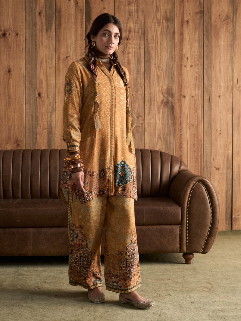 Yellow Printed Collared Co-ord Set with Wide-Leg Pants