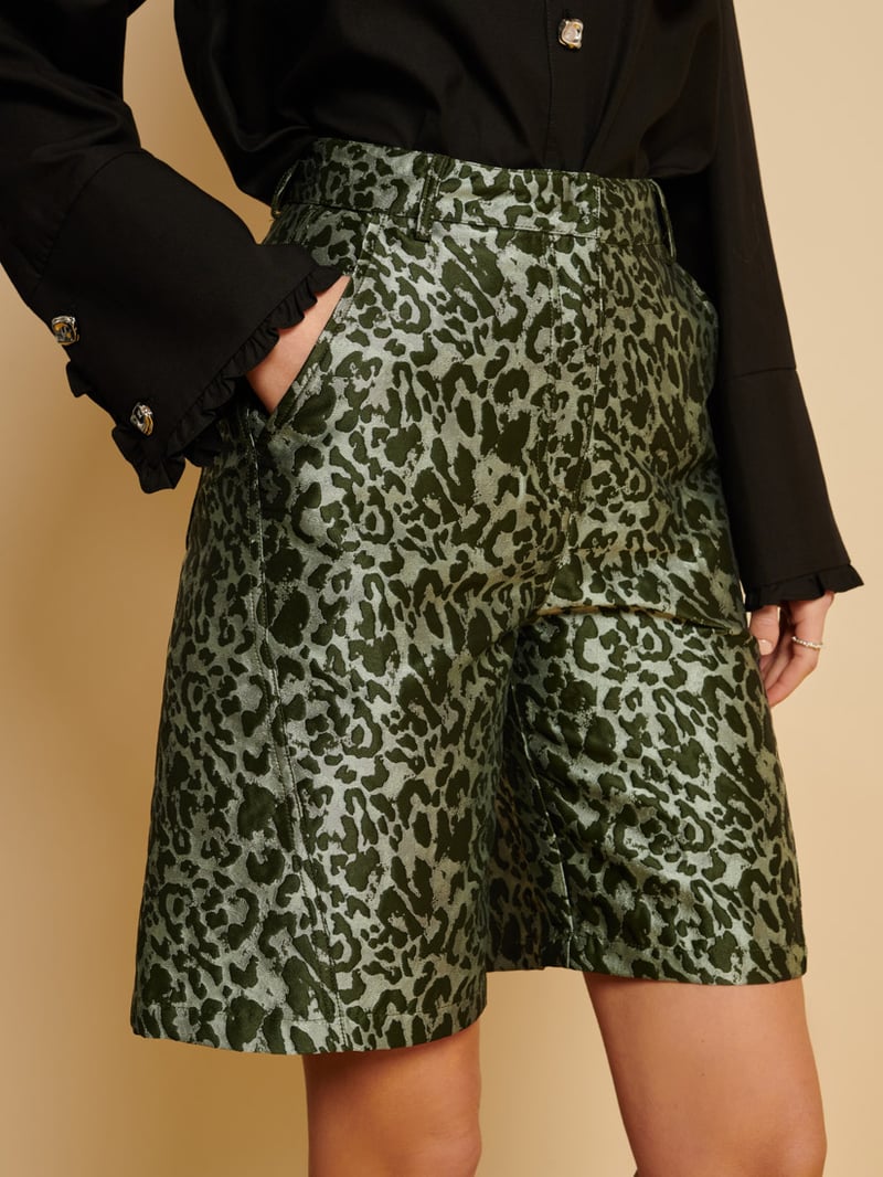 Green Leopard Print High-Rise Tailored Shorts