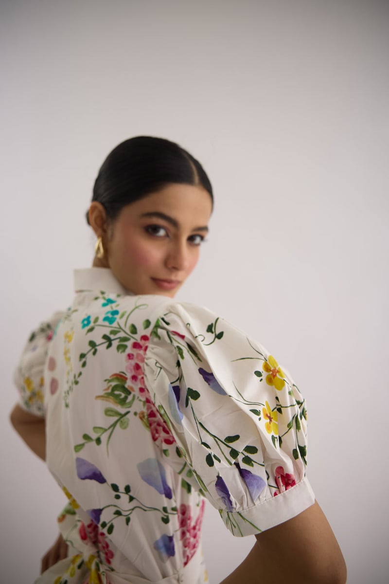 White Floral Printed Poplin Shirt Midi Dress with Belt