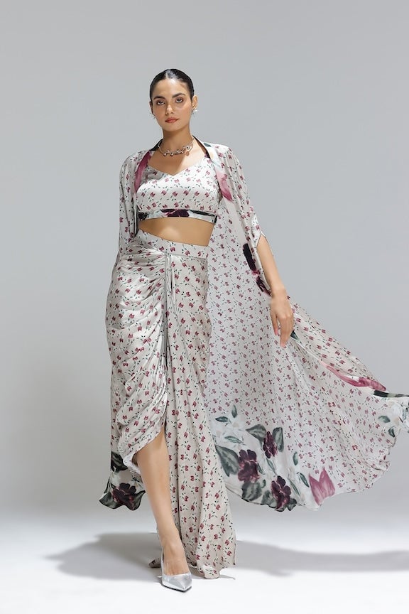 Beige Floral Bustier, Draped Maxi Skirt and Shrug Set
