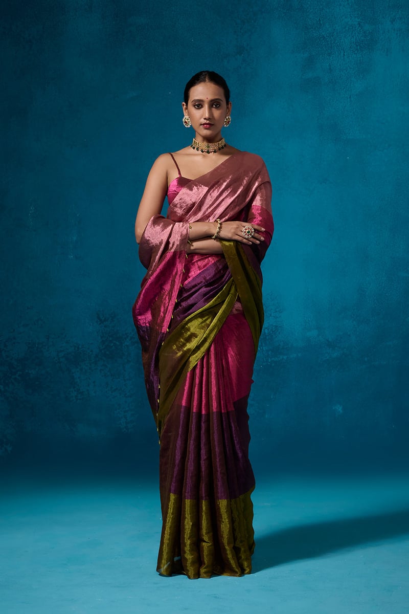 Multicolour Striped Metallic Tissue Saree