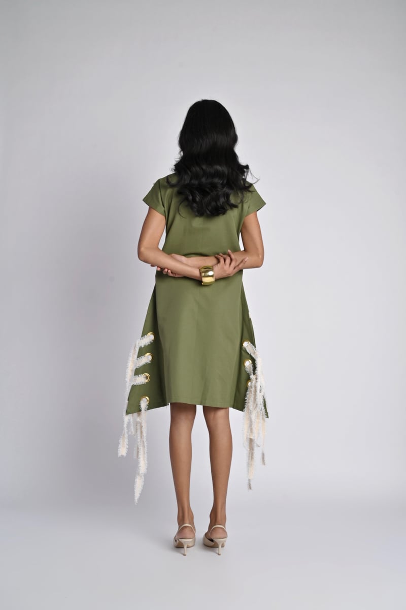 Olive Colorblocked Zip-Front Fringe Dress