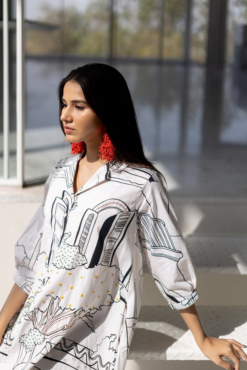 White Graphic Print Shirt Dress