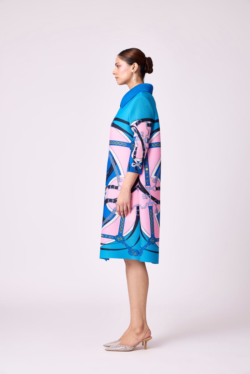 Blue Abstract Print Micro-Pleated Shirt Dress