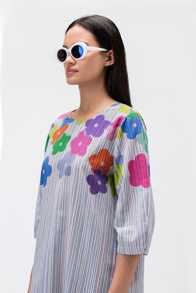 Multicolor Stripe and Floral A-Line Knee-Length Dress