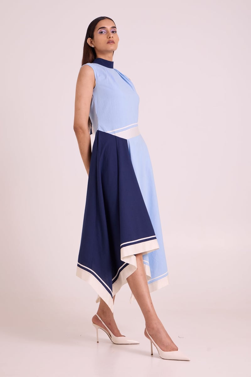 Ice Blue and Navy Colorblock Asymmetrical Midi Dress