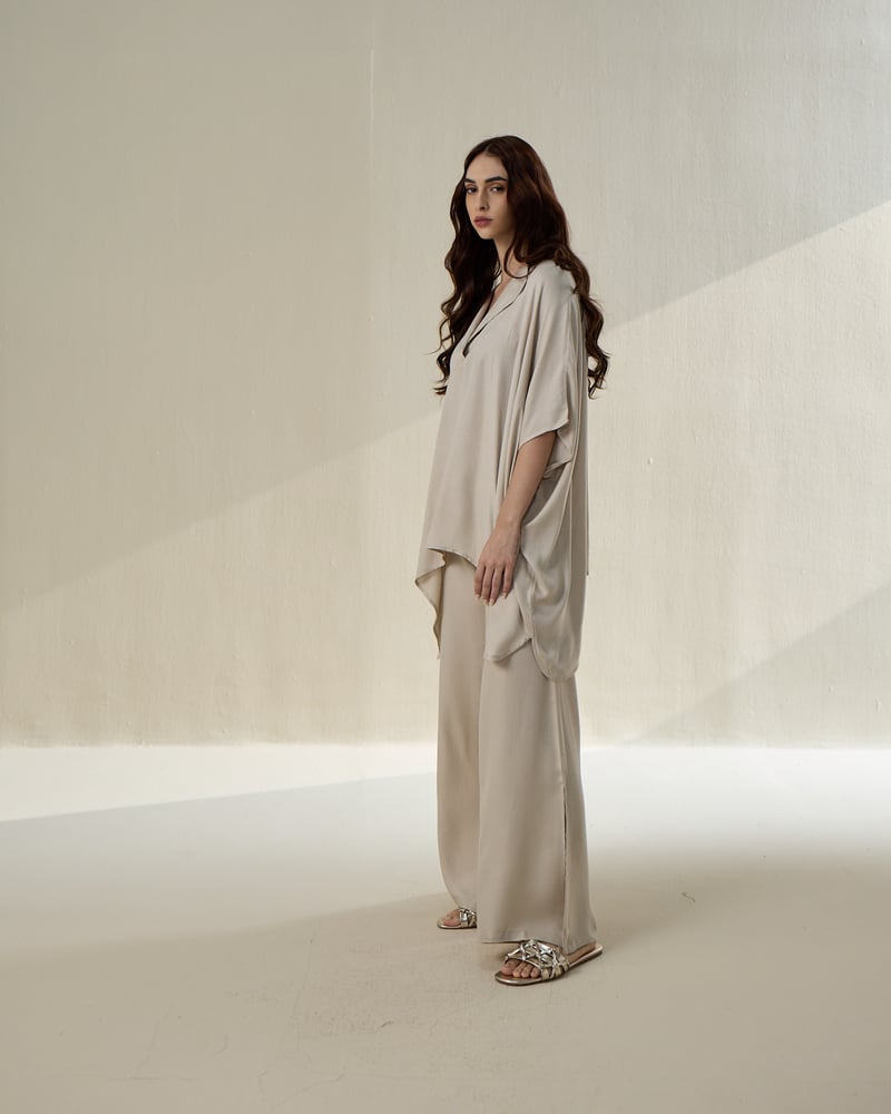 Taupe Draped Poncho Top and Bell Bottom Co-ord Set