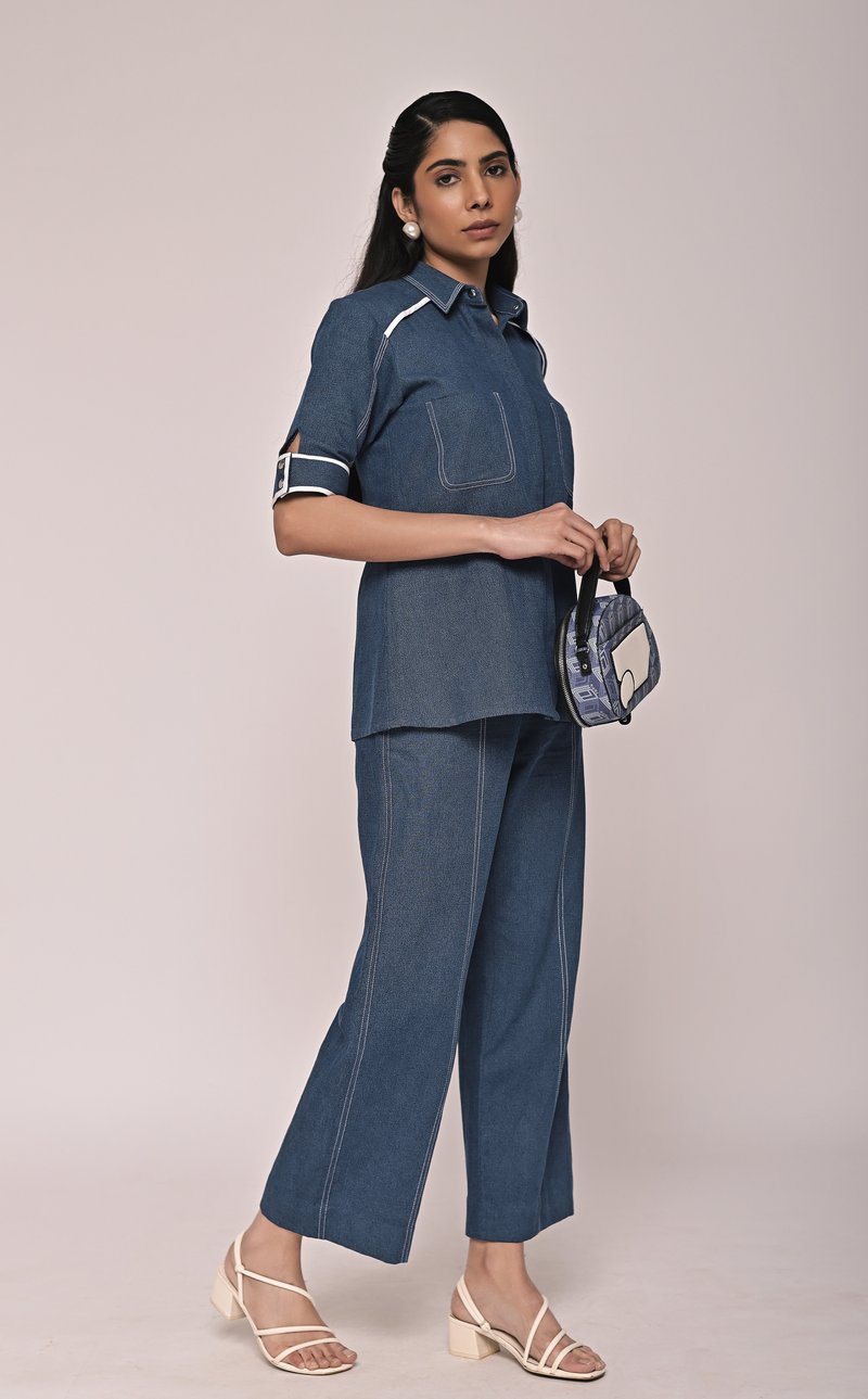 Denim Blue Shirt and Wide-Leg Pants Co-ord Set