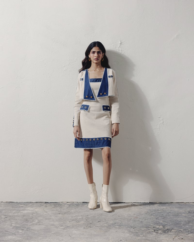 White and Blue Denim Knee-Length Dress with Jacket Set