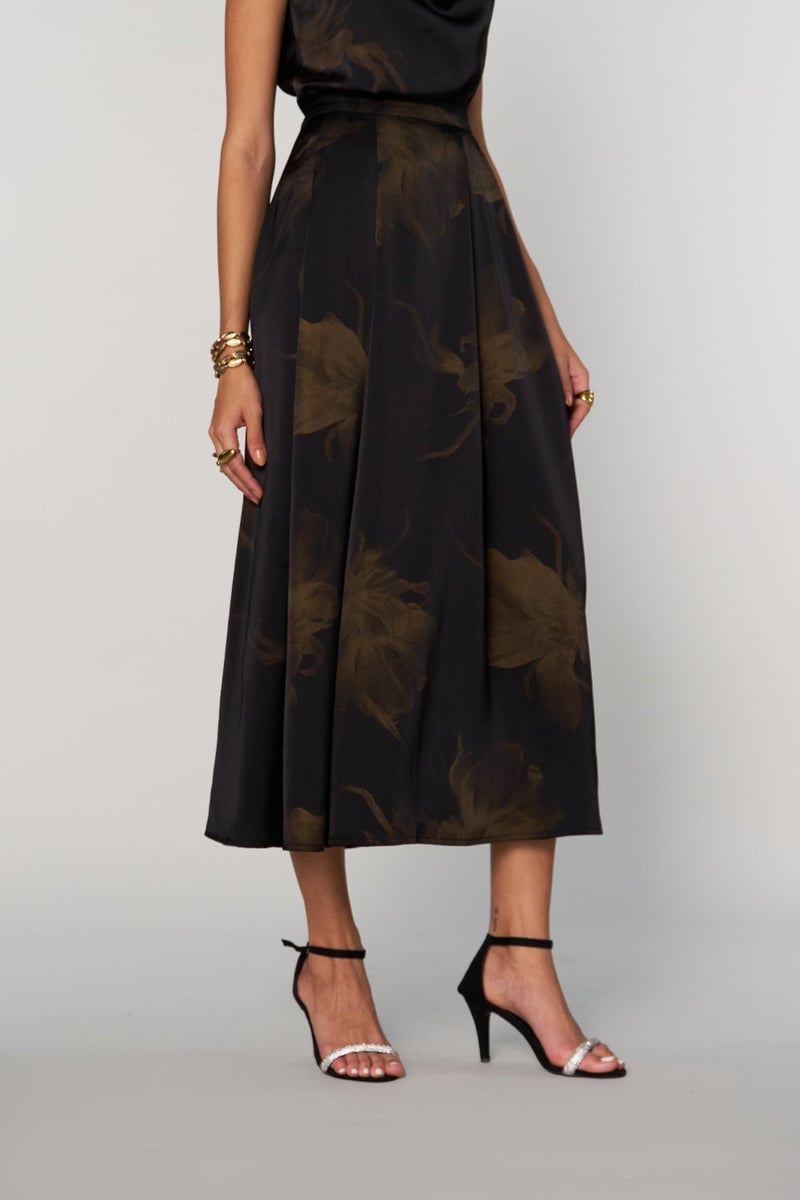 Black Satin Tonal Floral Print A-Line Midi Skirt