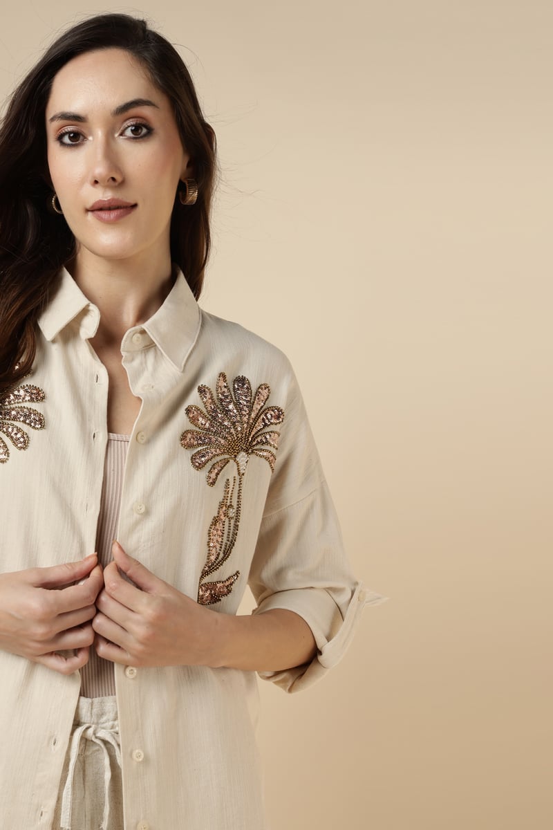 Natural Beige Embellished Longline Cotton Shirt