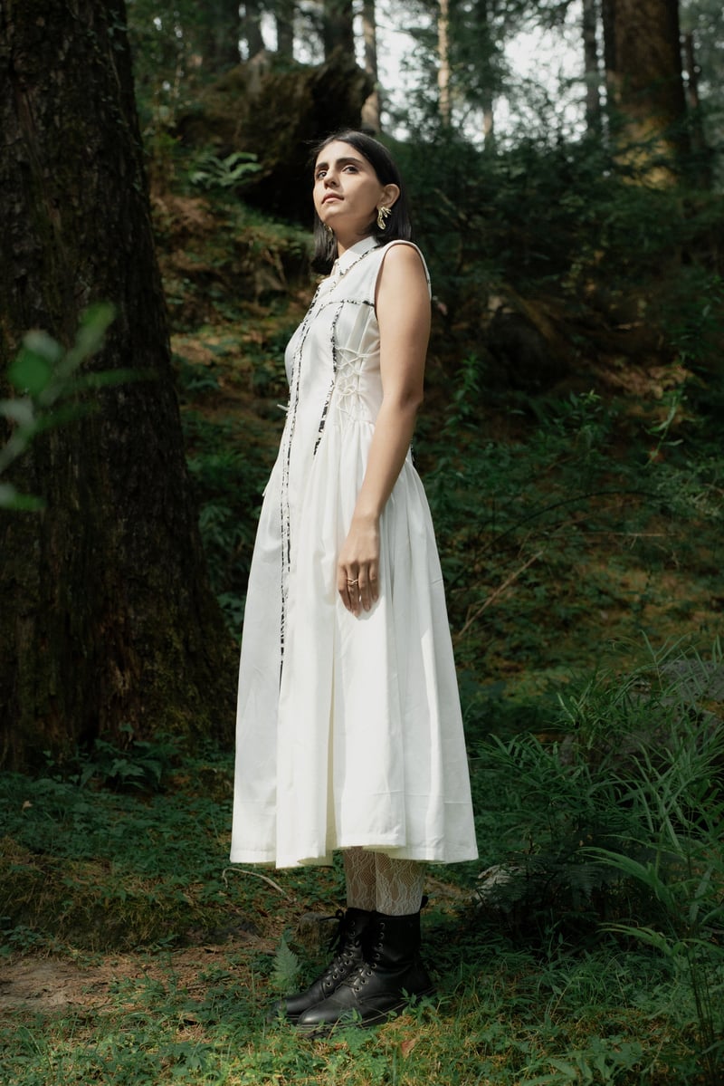 White Midi Shirt Dress with Contrast Piping and Side Tie