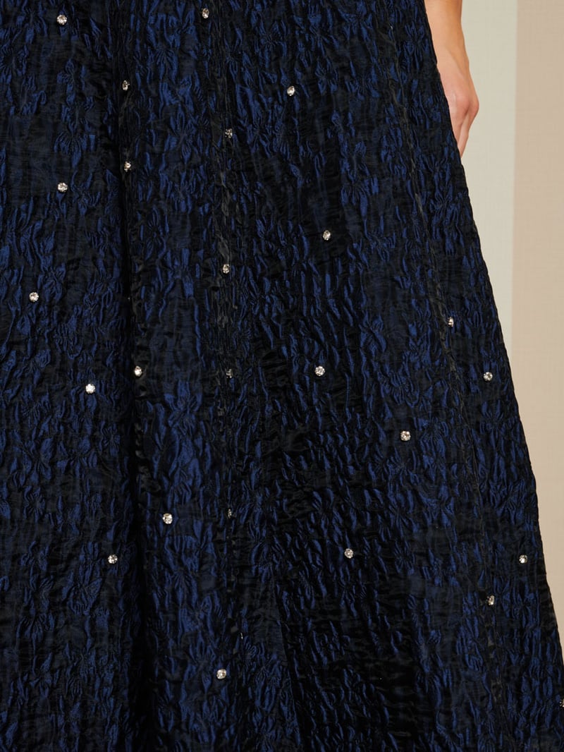 Navy Floral Jacquard Fit and Flare Midi Dress