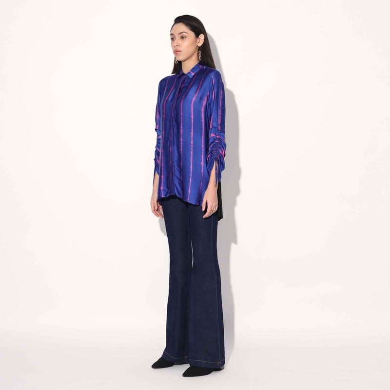 Pink/Purple Shibori Striped Satin Longline Shirt
