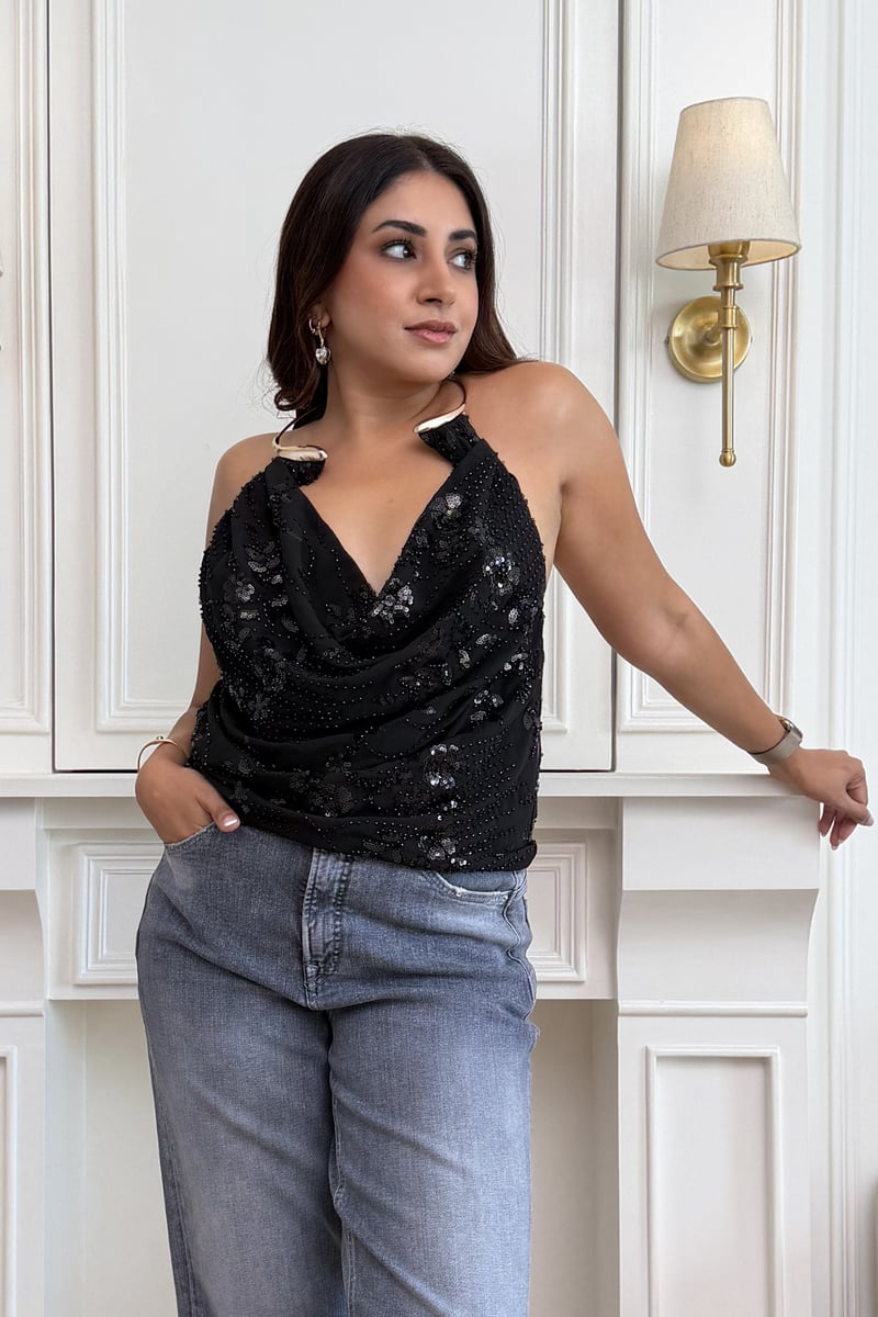 Black Sequin Halter Top with Metallic Neck Detail