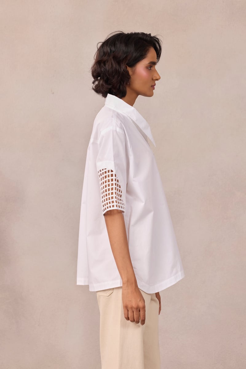 Bright White Poplin Shirt with Geometric Sleeve Cutwork