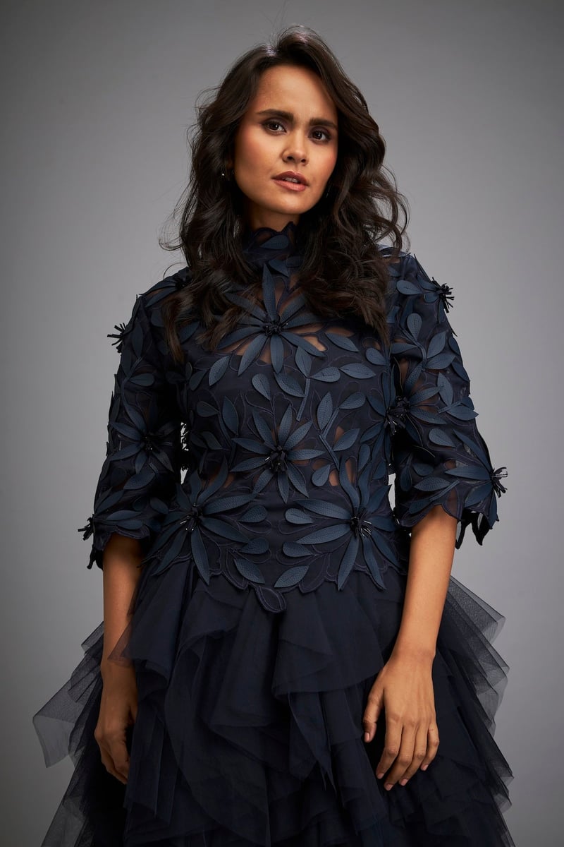 Navy Blue Floral Applique Fit and Flare Knee-Length Dress