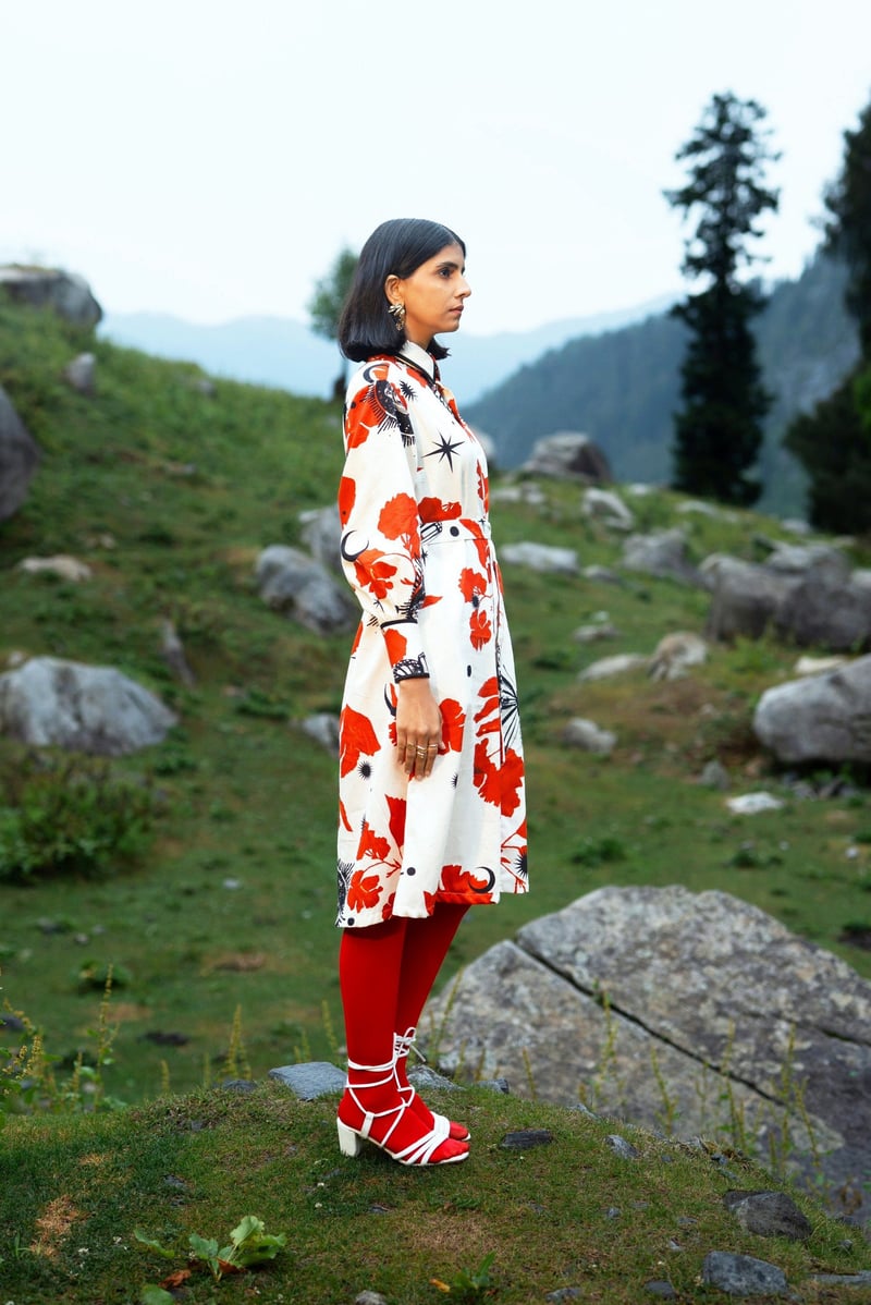 White/Red Printed Midi Shirt Dress with Detachable Belt