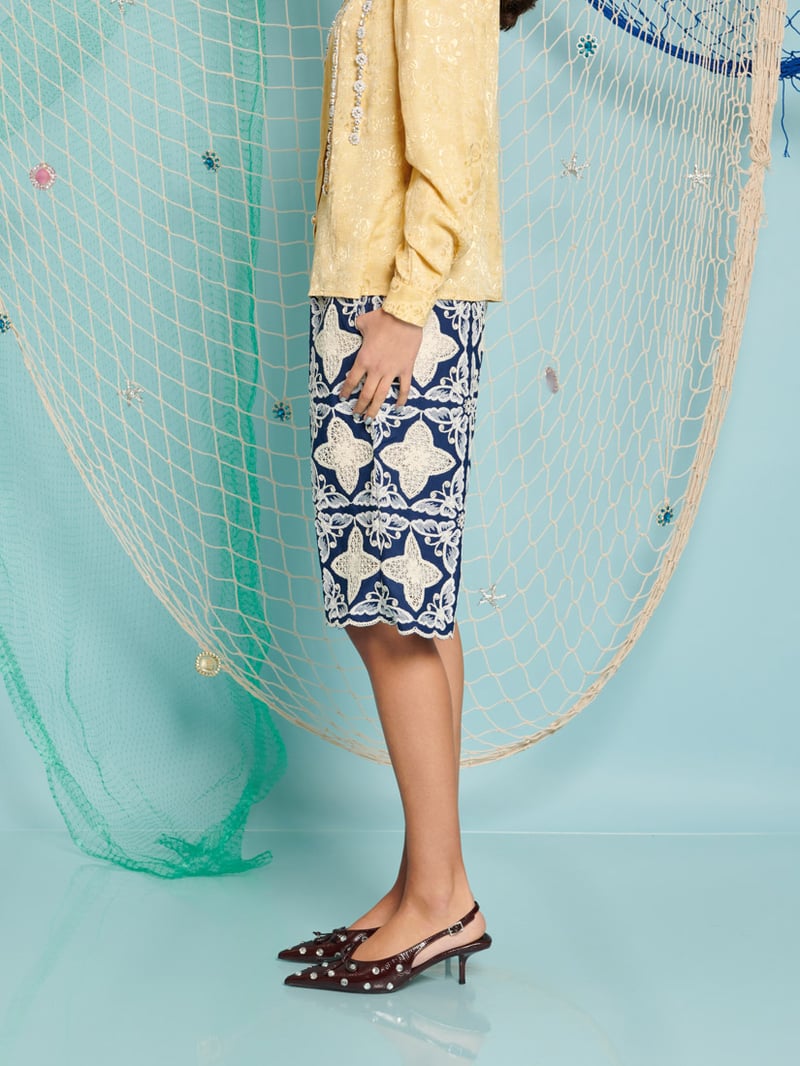 Navy High-Rise Embroidered Knee-Length Shorts