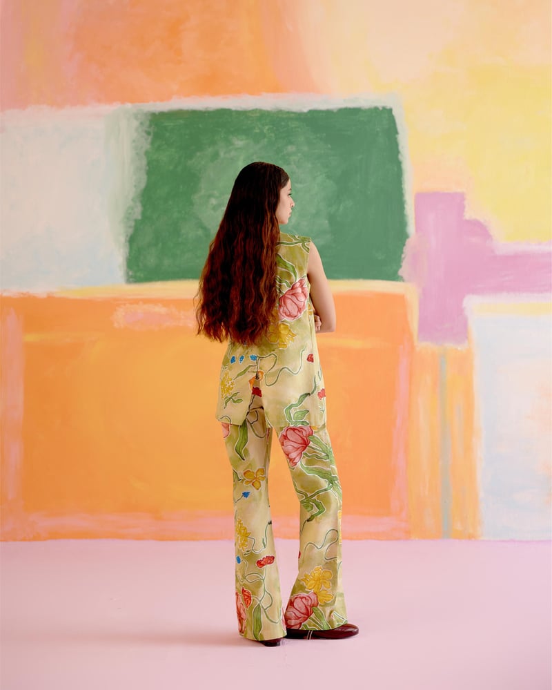 Green/Pink Floral Printed Cotton Poplin Co-ord Pants Set