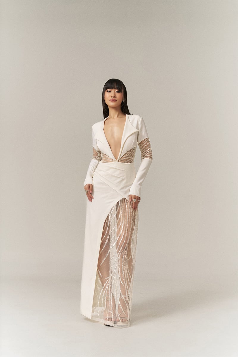 White Plunging Neck Maxi Gown with Sheer Net Panels