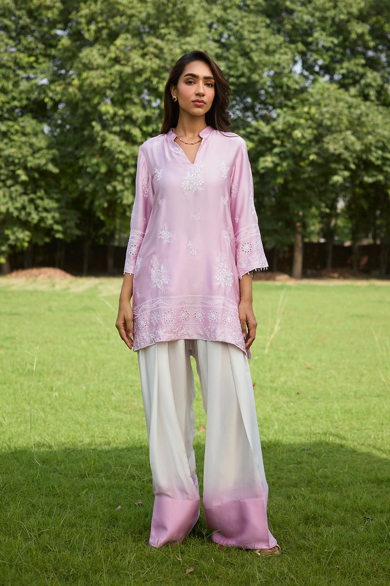 Pink and Cream Embroidered Farshi Pants Co-ord Set
