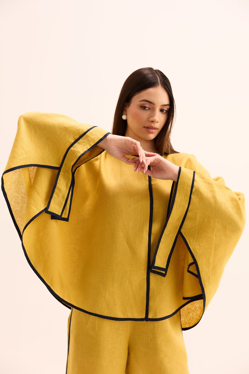 Ochre Linen Cape Top and Wide-Leg Pants Co-ord Set