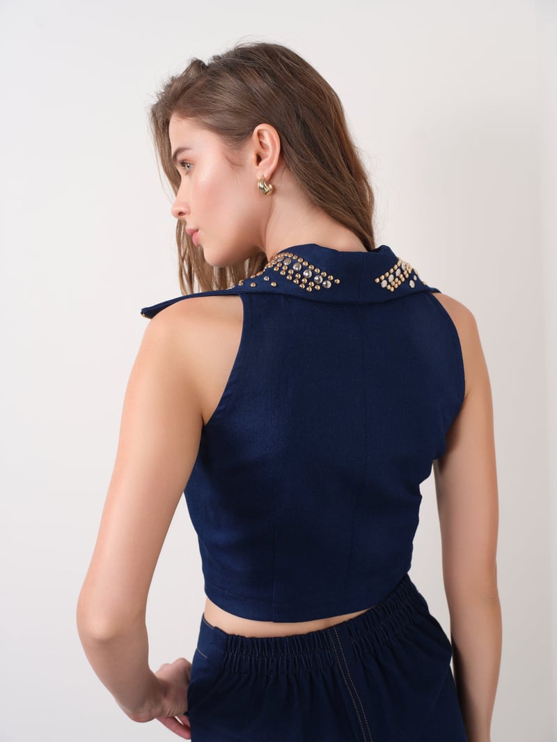 Dark Blue Studded Denim Zip-Front Crop Top