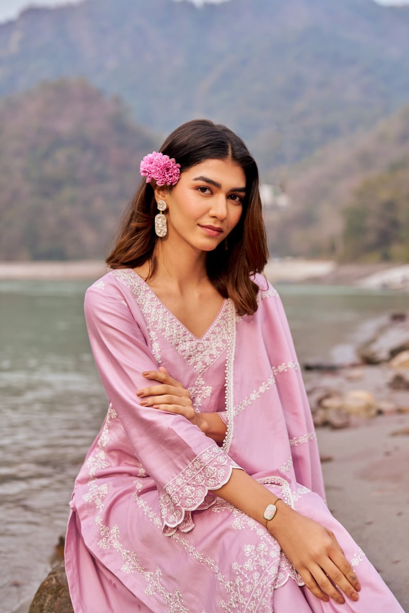Lavender Cotton Embroidered Straight Kurta Set with Dupatta