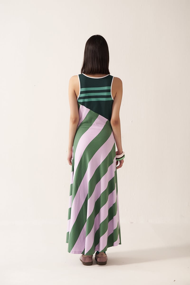 Green and Lavender Colorblock Maxi Jersey Swing Dress
