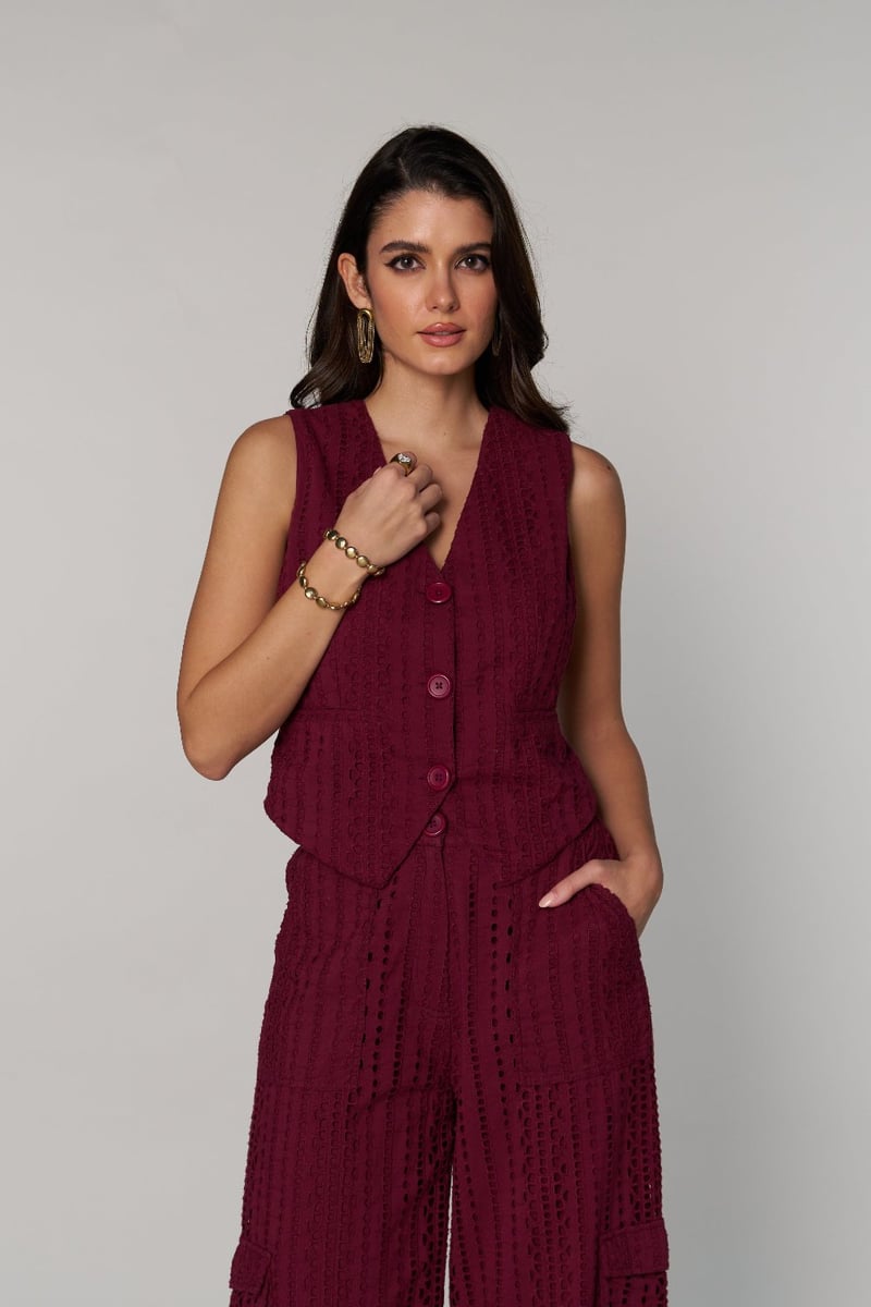 Wine Schiffli Cutwork Button-Front Tailored Waistcoat