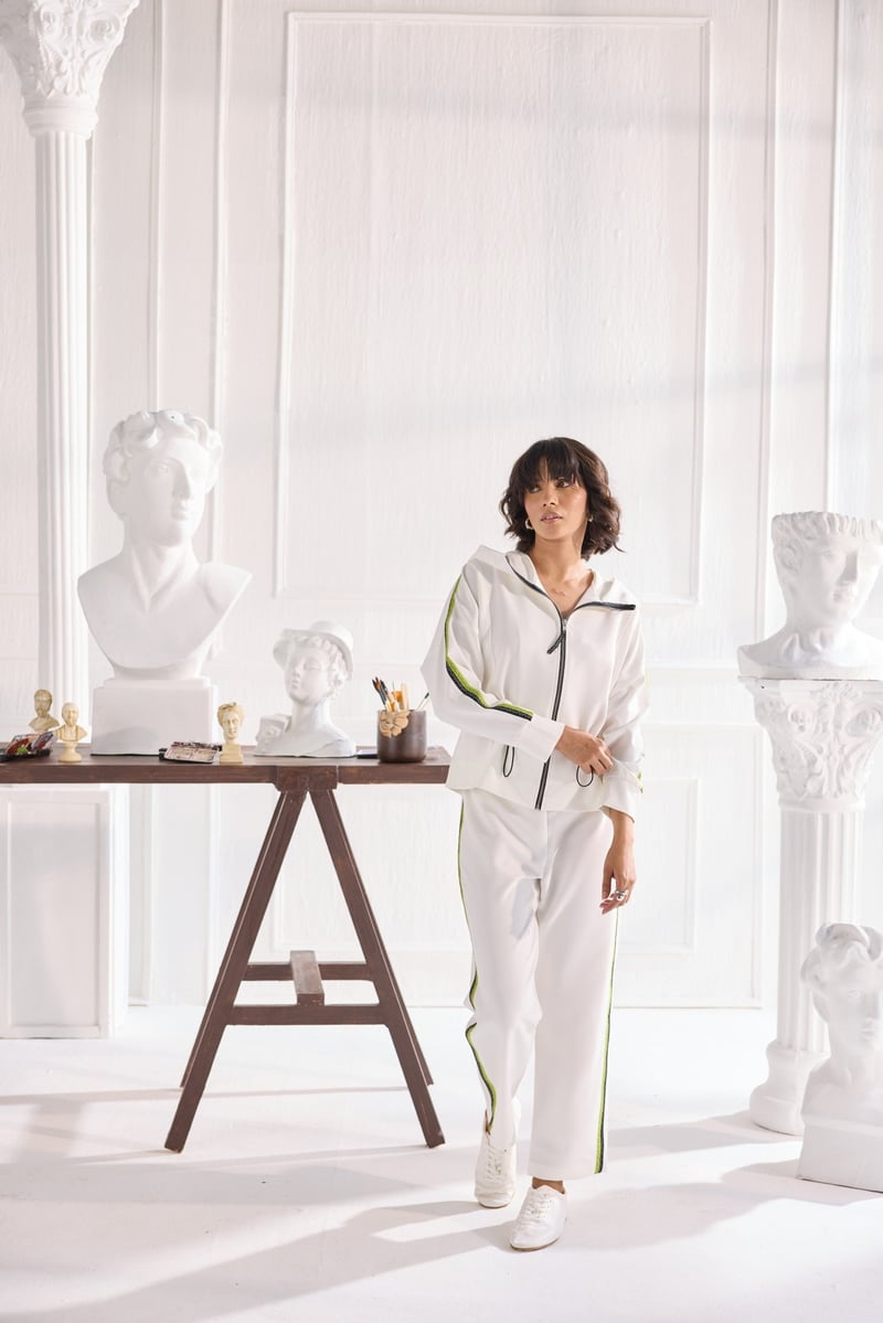 White Crepe Trackset Co-ord with Contrast Tape — Shivya K