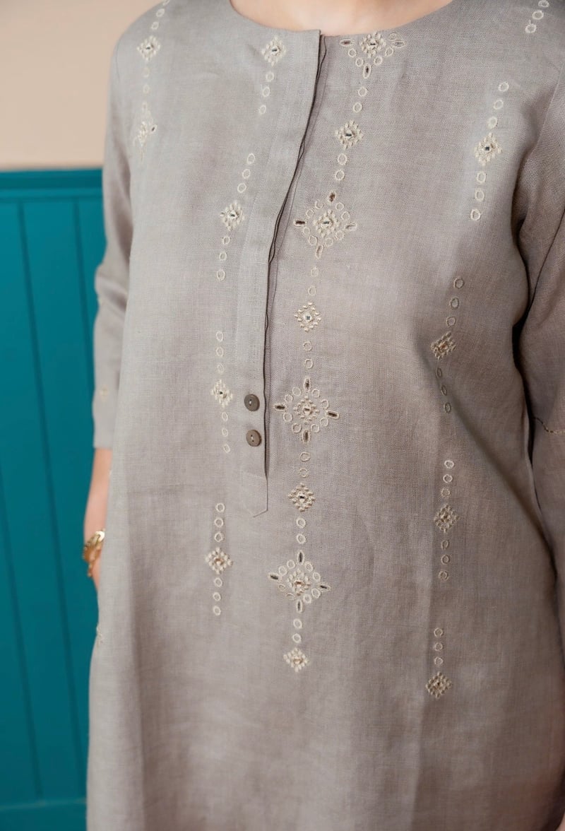 Fossil Grey Linen Kurta Set with Tonal Embroidery