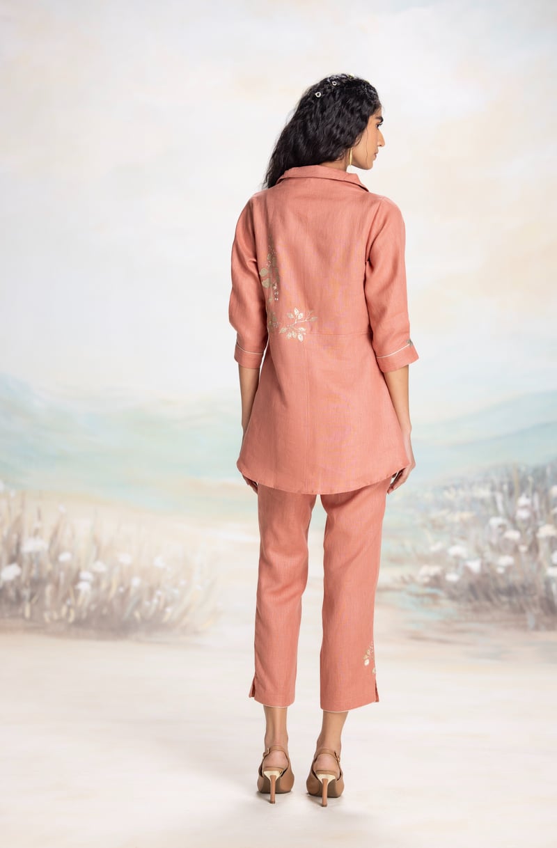 Peach Linen Longline Embroidered Top with 3/4 Sleeves