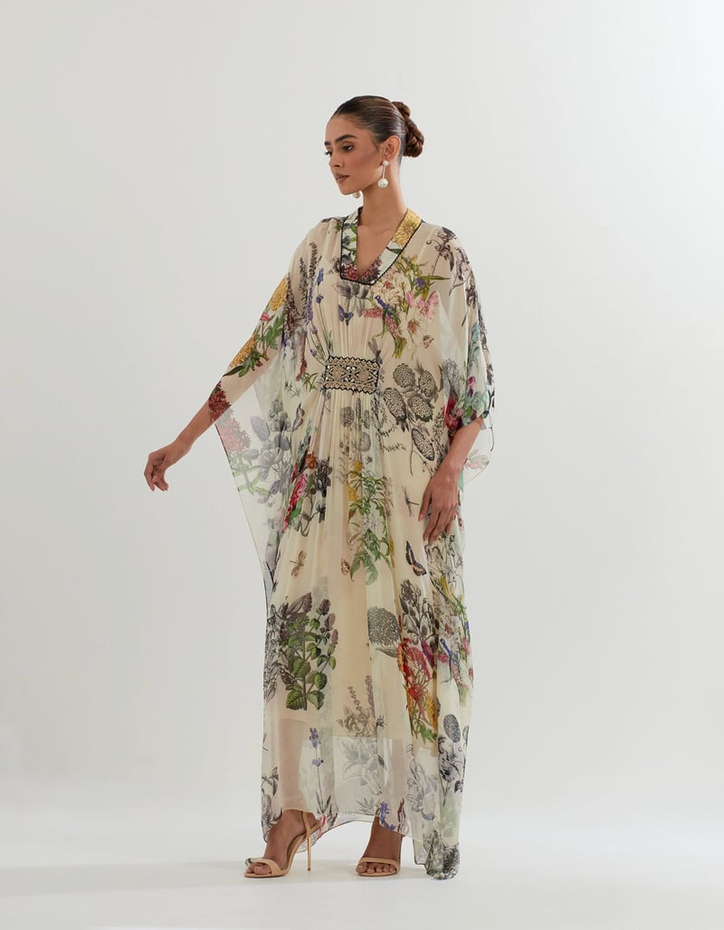 Ivory Botanical Printed Georgette Kaftan