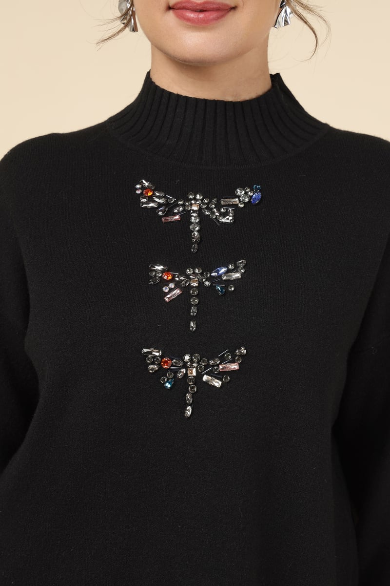 Black High Neck Crystal Embellished Pullover Sweater