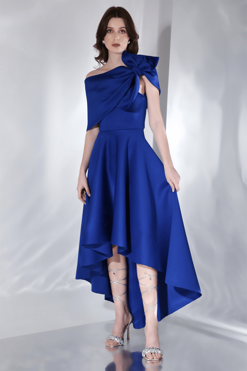 Blue Strapless Fit and Flare High-Low Midi Dress Set